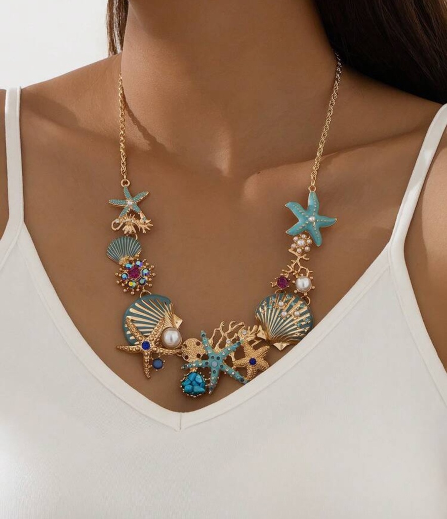 Collar elementos marinos, colgantes, dorado con turquesa