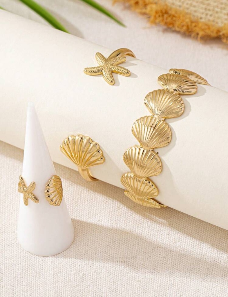 Sets Brazaletes con anillos diseño estrellas y conchas marinas dorados y plateados