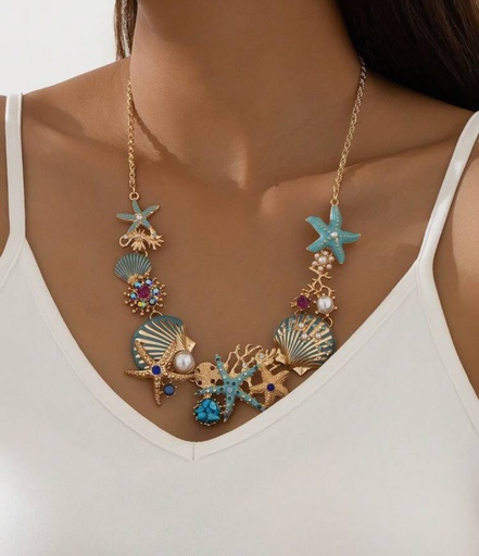 Collar elementos marinos, colgantes, dorado con turquesa